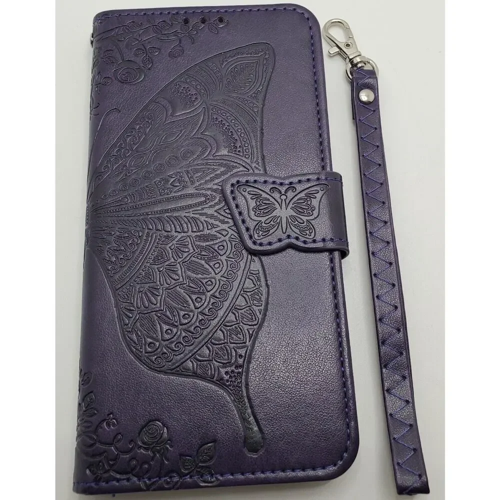 Samsung S23 Plus Wallet Phone Case Dark Purple Butterfly Wristlet Soft Touch